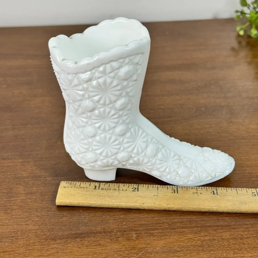 Fenton Vase White Milk Glass Boot Figurine Daisy and Button Pattern 4 